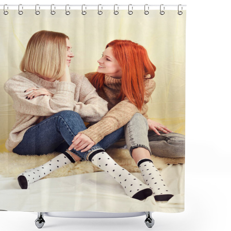 Personality  Two Beautiful Girls In Jeans And Sweaters Are Sitting And Talking Shower Curtains