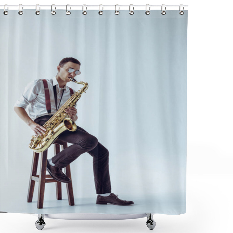 Personality  Handsome Young Performer Sitting On Stool And Playing Saxophone On Grey  Shower Curtains