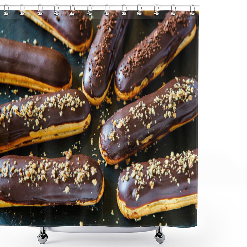 Personality  Traditional French Eclairs With Chocolate. Tasty Dessert. Home Made Cake Eclairs Sweet. Dessert. Pastry Filled With Cream. Chocolate Icing. Shower Curtains