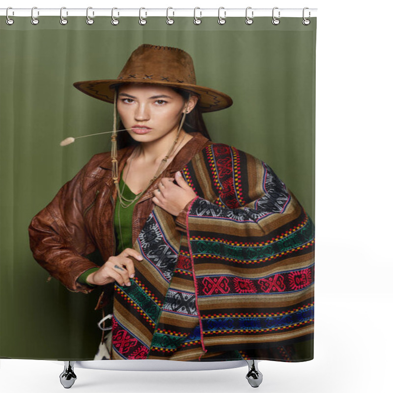 Personality  Young Woman Confidently Poses In A Fashionable Outfit With A Vibrant Shawl And Hat Shower Curtains