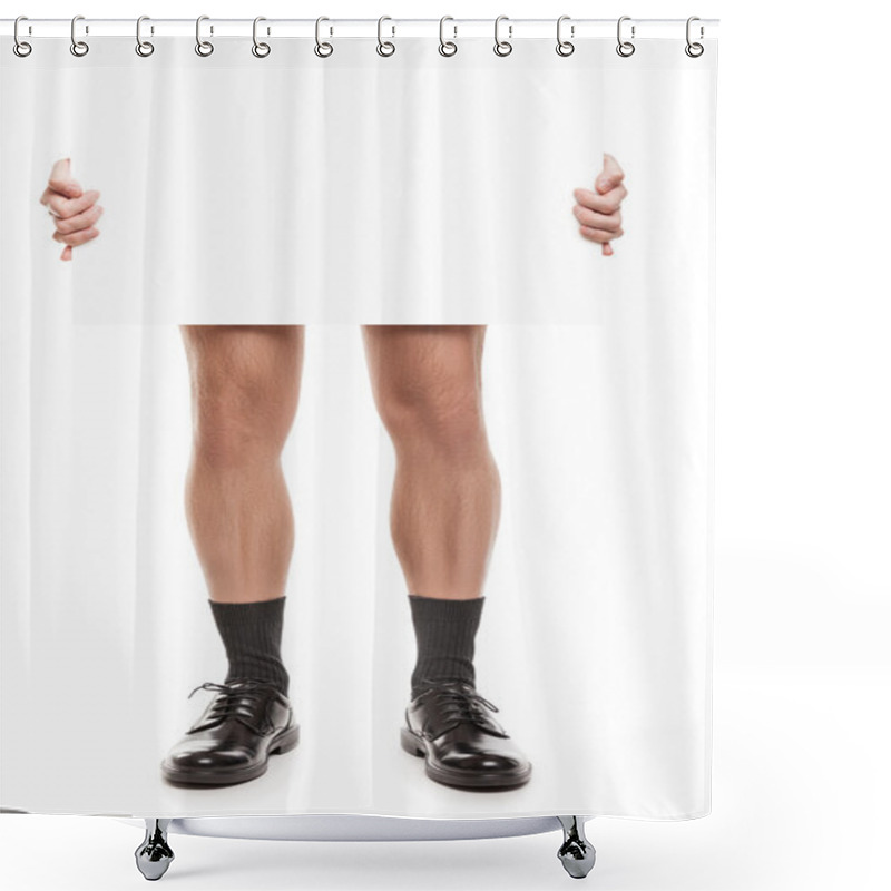 Personality  Naked Man In Black Socks And Shoes Holding Blank Placard Shower Curtains