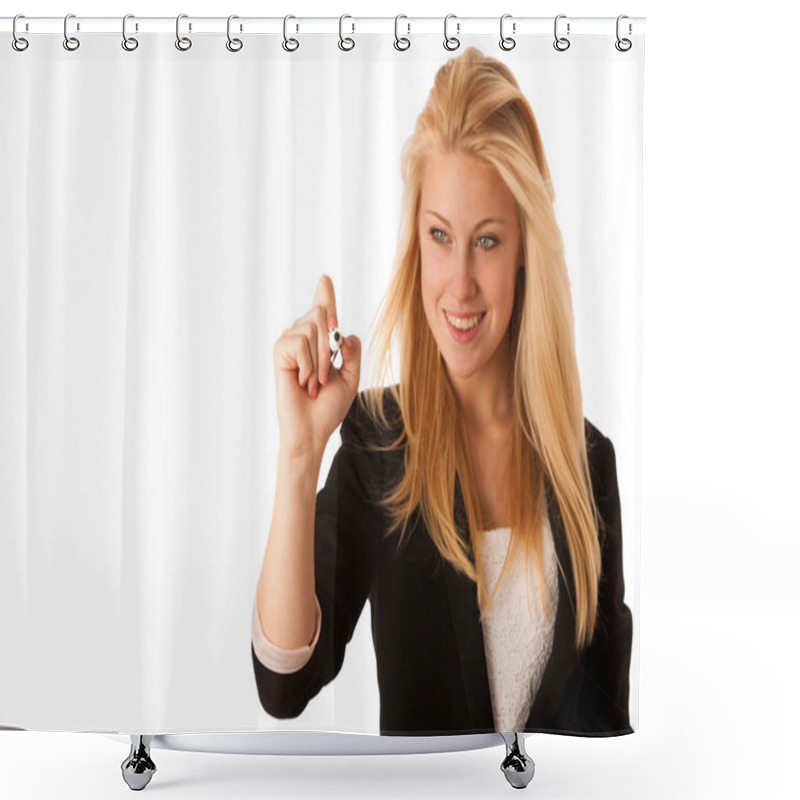 Personality  Young Blonde Business Woman With Blue Eyes, Writes On A Glass Ta Shower Curtains