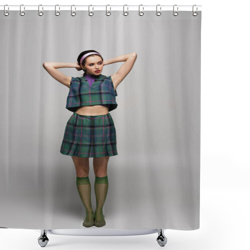 Personality  Full Length Of Young Model In Headband, Earrings And Retro Checkered Outfit Posing On Grey  Shower Curtains