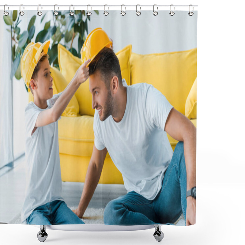 Personality  Happy Son Wearing Safety Helmet On Father At Home  Shower Curtains