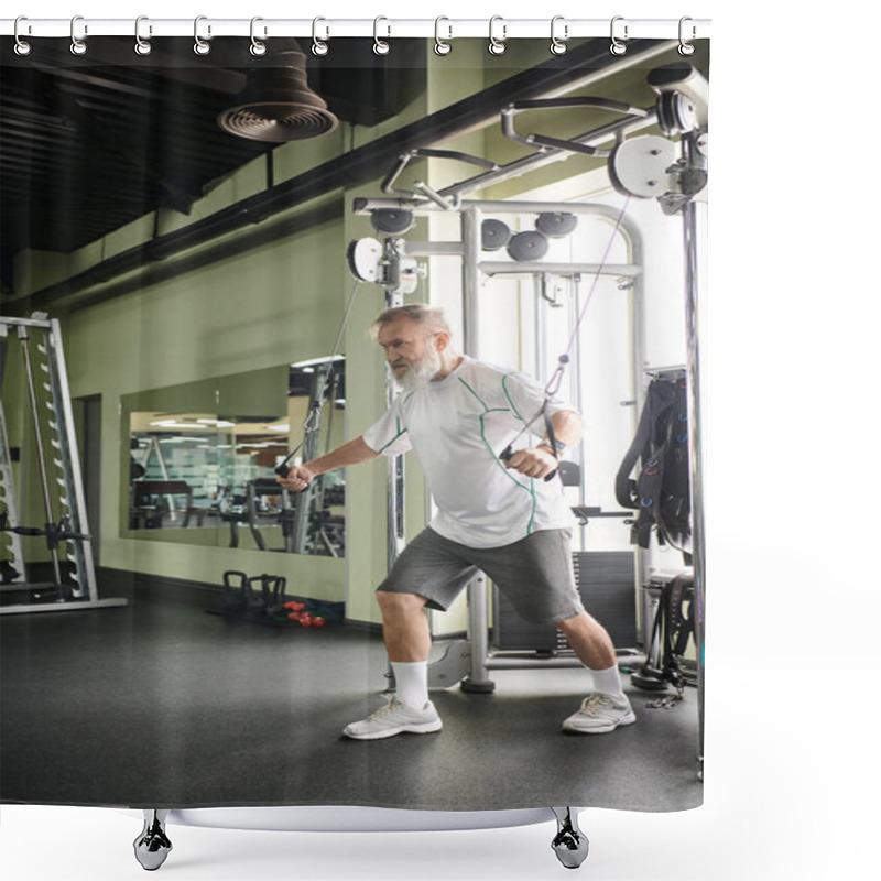 Personality  Concentrated Elderly Man With Beard Working Out On Exercise Machine In Gym, Athlete, Motivation Shower Curtains