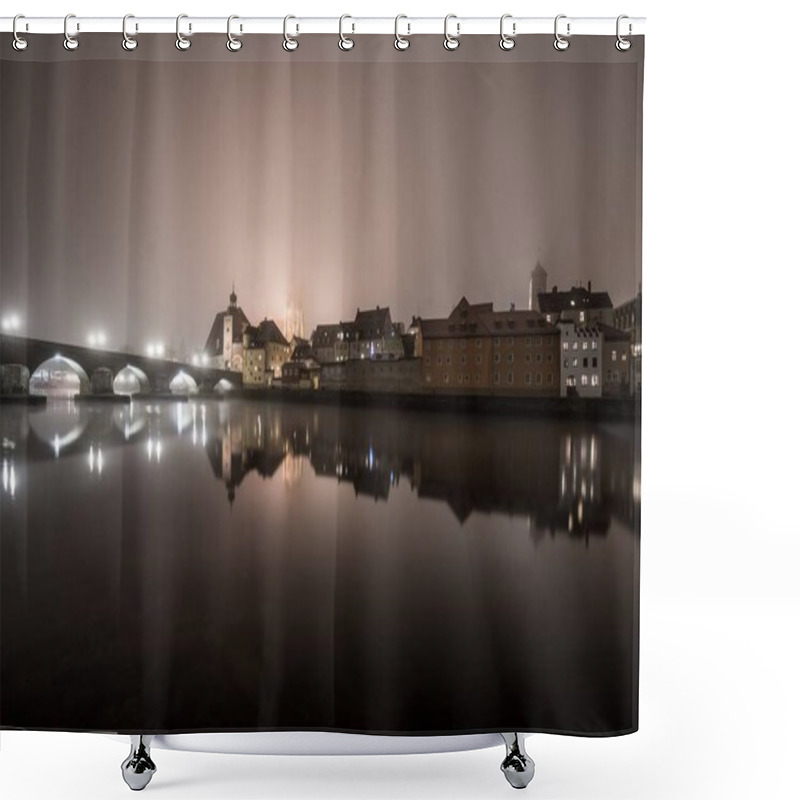 Personality  View To The Stone Bridge In Regensburg At Night In The Fog Over The River Danube With The Illuminated Cathedral And Historical Old Town In The Background, Germany Shower Curtains