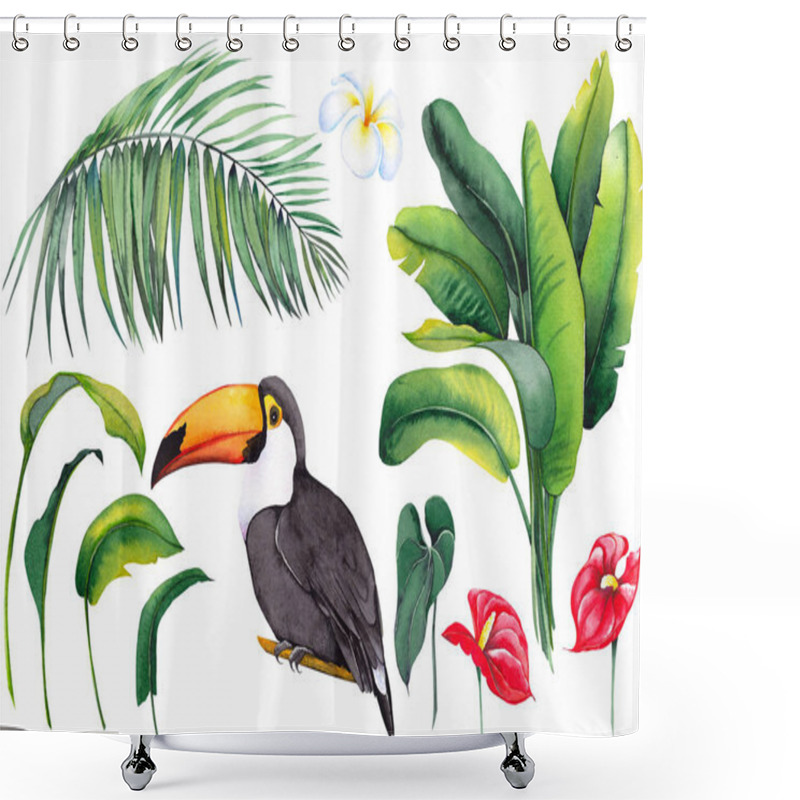 Personality  Tropical Set With Toucan Bird, Banana Leaves, Palm, Exotic Anthurium Flowers And Plumeria Frangipani Flower. Watercolor On White Background. Isolated Elements For Design. Shower Curtains