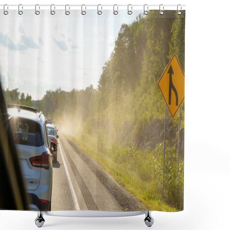 Personality  Mont-Tremblant QC Canada - 22.09.2024: A Dusty Road Surrounded By Lush Greenery On A Bright Sunny Day After A Vehicle Passes By. Shower Curtains