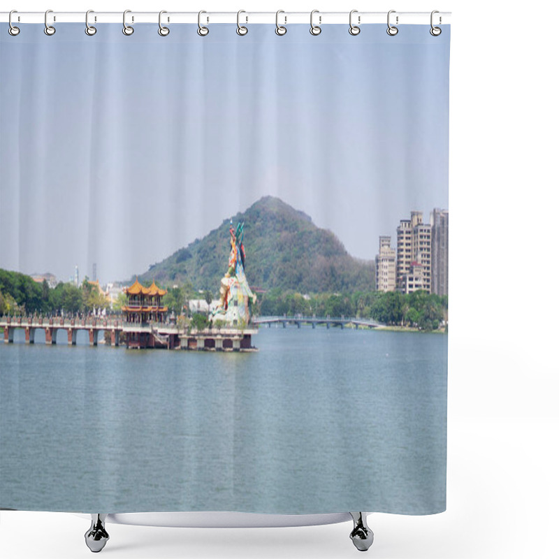 Personality  A Distant View Of A Pavilion With A Mountain Backdrop At Lotus Pond In Kaohsiung, Taiwan. A Serene And Picturesque Landscape. Shower Curtains