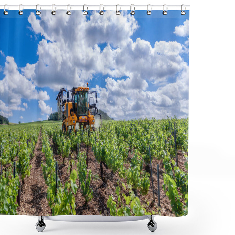 Personality  France Chablis 2019-06-21 Front View Of Agriculture Orange Tractor Cultivate Field. Tractor With Agricultural Sprayer Machine Sprinkls Chemical Pesticides, Sulfur To Protect Grape Shower Curtains