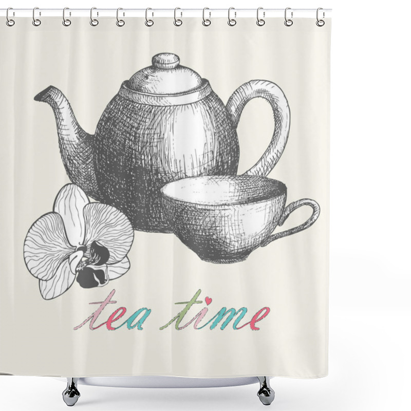 Personality  Card Design With Hand Drawn Orchid Flower, Cup And Teapot . Vector Vintage Background Shower Curtains