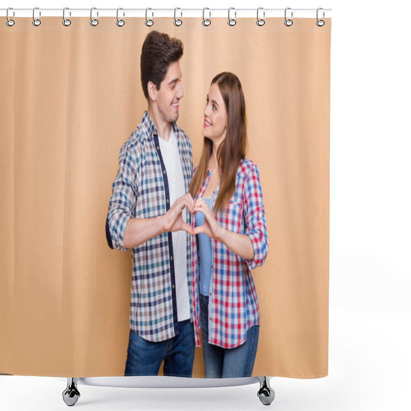 Personality  Portrait Of His He Her She Nice Attractive Lovely Tender Sweet Gentle Cheerful Couple Wearing Checked Shirt Showing Heart Figure Honey Moon Isolated Over Beige Pastel Color Background Shower Curtains