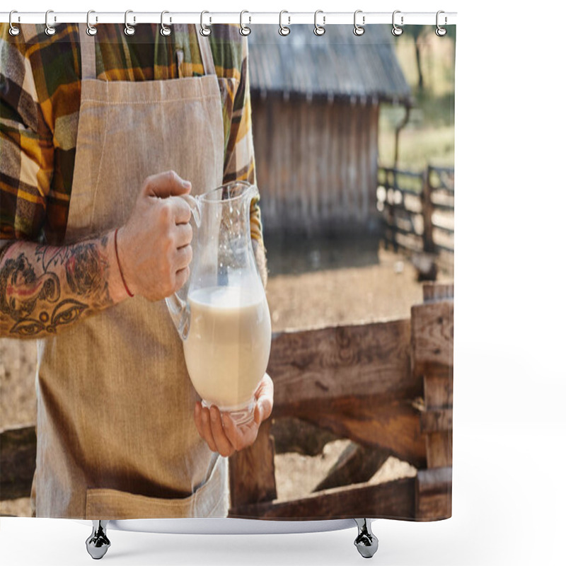 Personality  Cropped View Of Hard Working Man With Tattoos Holding Big Jar Of Fresh Milk While On His Farm Shower Curtains