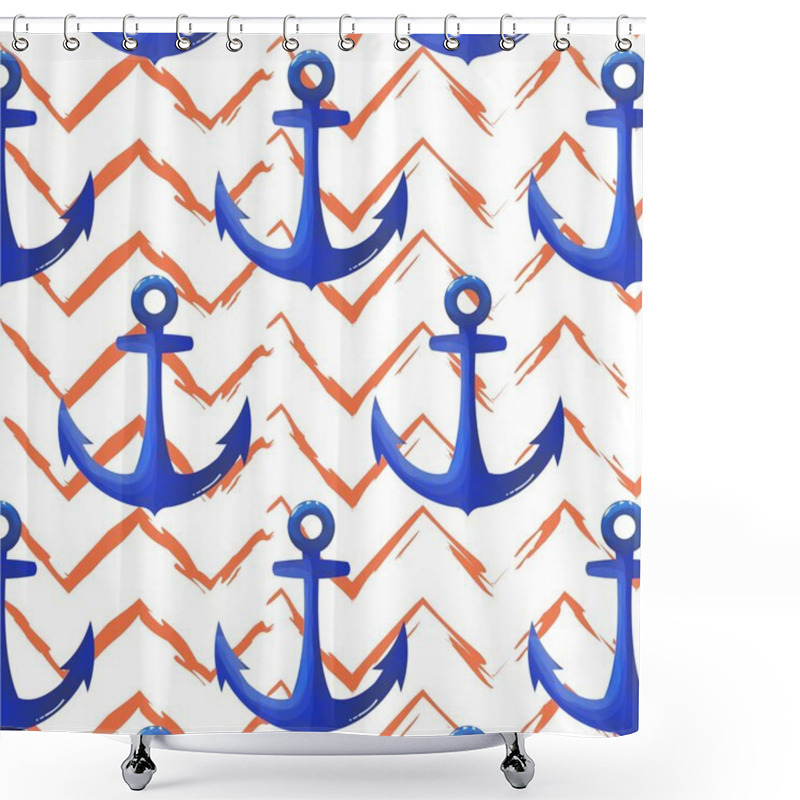 Personality  Print Anchor Blue Navy Pattern. Chevron Orange Vector Background. Repetition Marine Texture. Colorful Marine Cover Shower Curtains