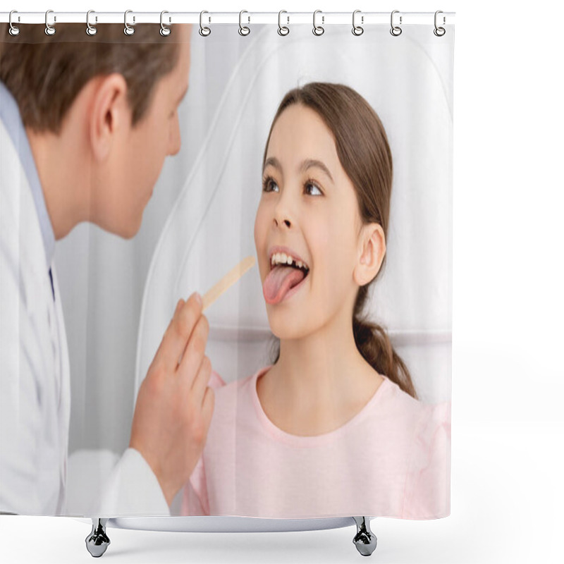 Personality  Selective Focus Of Ent Physician Holding Tongue Depressor Near Cute Kid Sticking Out Tongue Shower Curtains