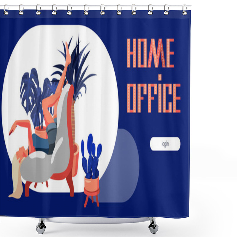 Personality  Home Office Text On Navy Blue Backdrop. Landing Page For Website Or Social Banner, Remote Job Vacancy, Flyer, Info Card, Labor Exchange. Web Template Or Info Page. Flat Style Stock Vector Illustration Shower Curtains