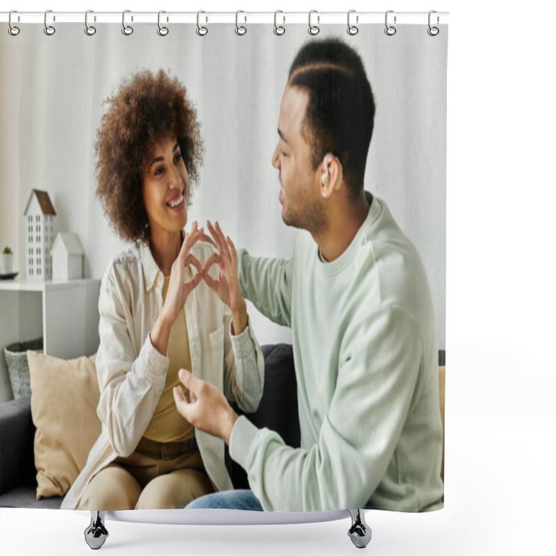 Personality  An African American Couple Communicates Using Sign Language While Sitting On A Couch In Their Home. Shower Curtains