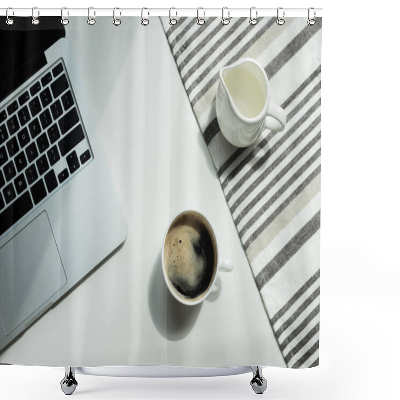 Personality  Desk With Laptop Cand Cup Of Coffee  Shower Curtains