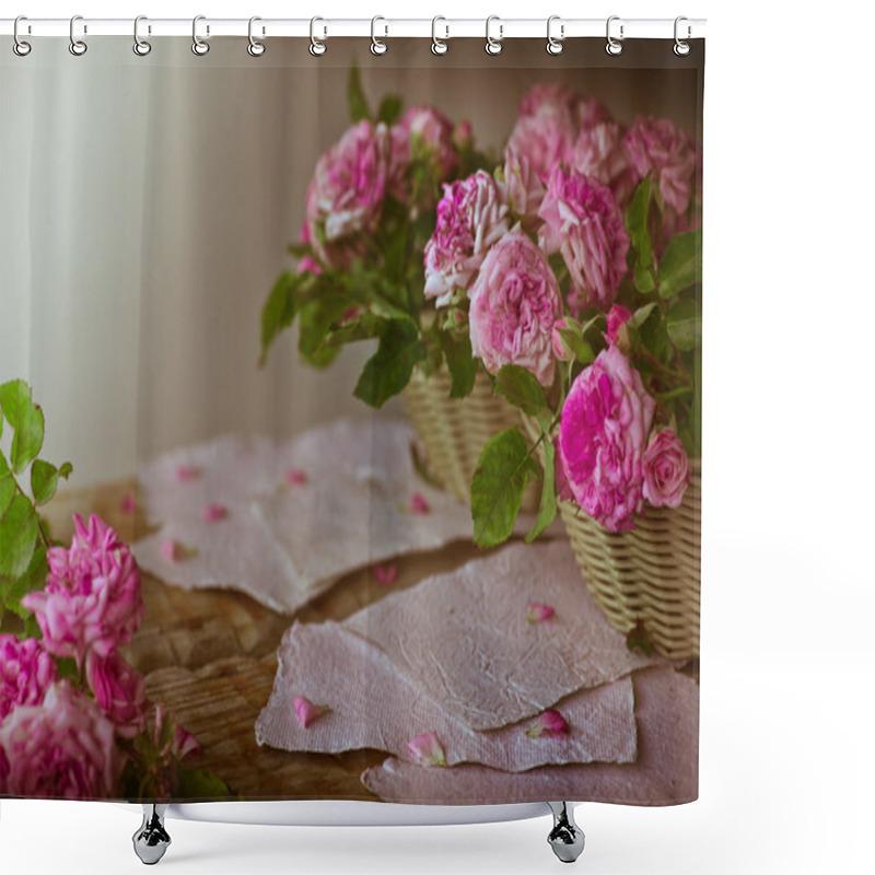 Personality  Roses In Wooden Basket Shower Curtains