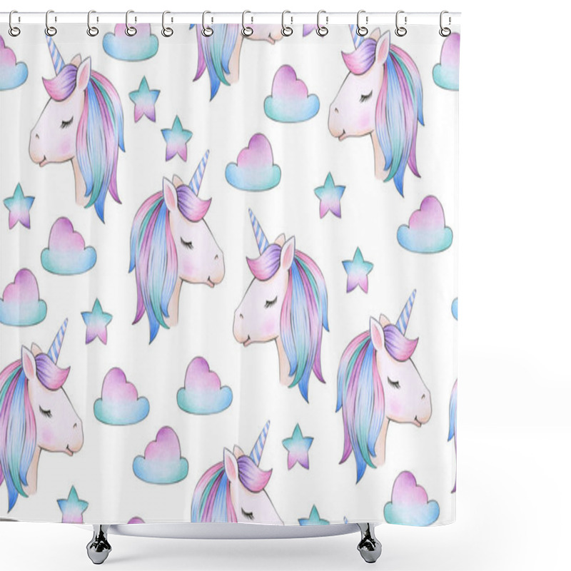 Personality  Set Of Magical Unicorns With Stars And Clouds Isolated On White Background  Shower Curtains