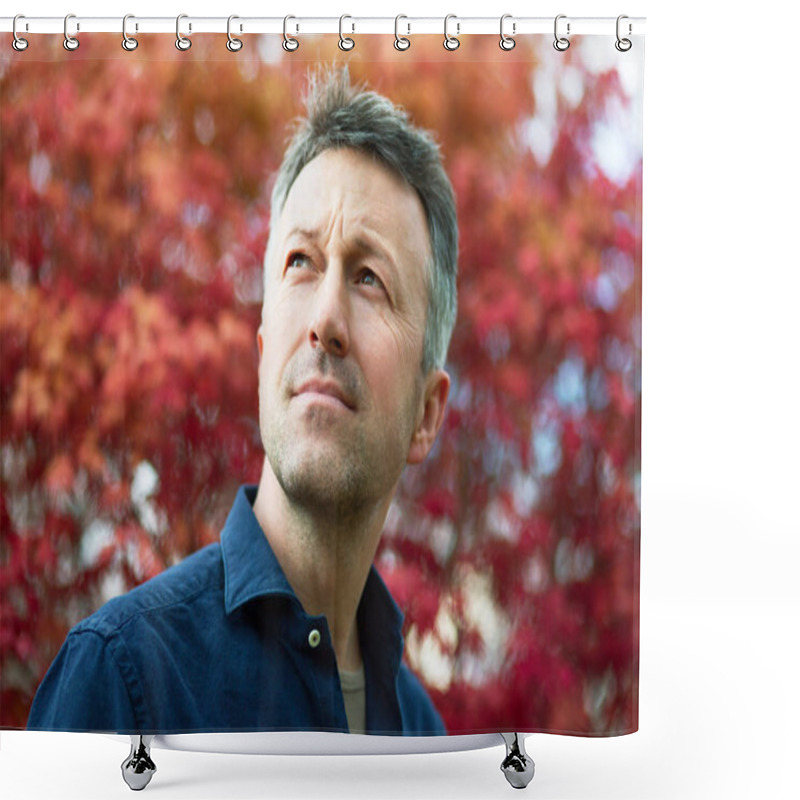 Personality  Portrait Of Handsome Man Posing In Spring Japanese Garden. Outdo Shower Curtains