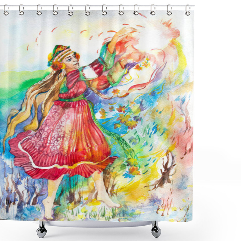 Personality  A Girl In A Full-length Slavic Costume. Symbol Of Summer And Spring.Watercolor Painting. Drawing With Water-based Paint. To Decorate Your Interior And Text.Colorful Illustration For Printing.Female Holiday.Mother's Day.A Beautiful, Inspiring Woman. Shower Curtains