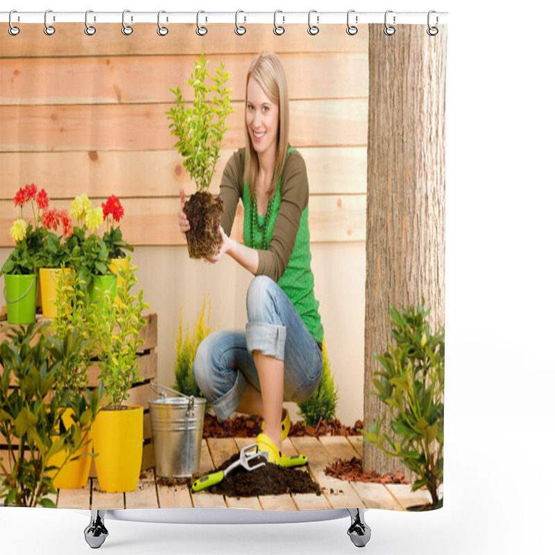 Personality  Gardening Woman Planting On Terrace Shower Curtains