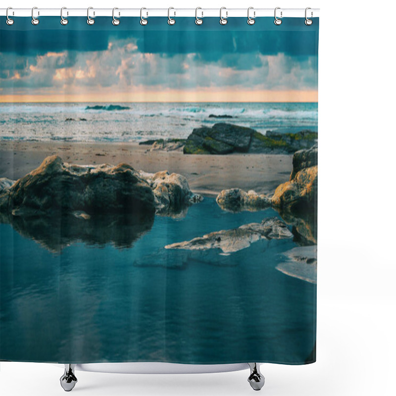 Personality  Beach With Rocks And Puddle In A Sunset, Ribadeo, Lugo, Galician, Spain Shower Curtains