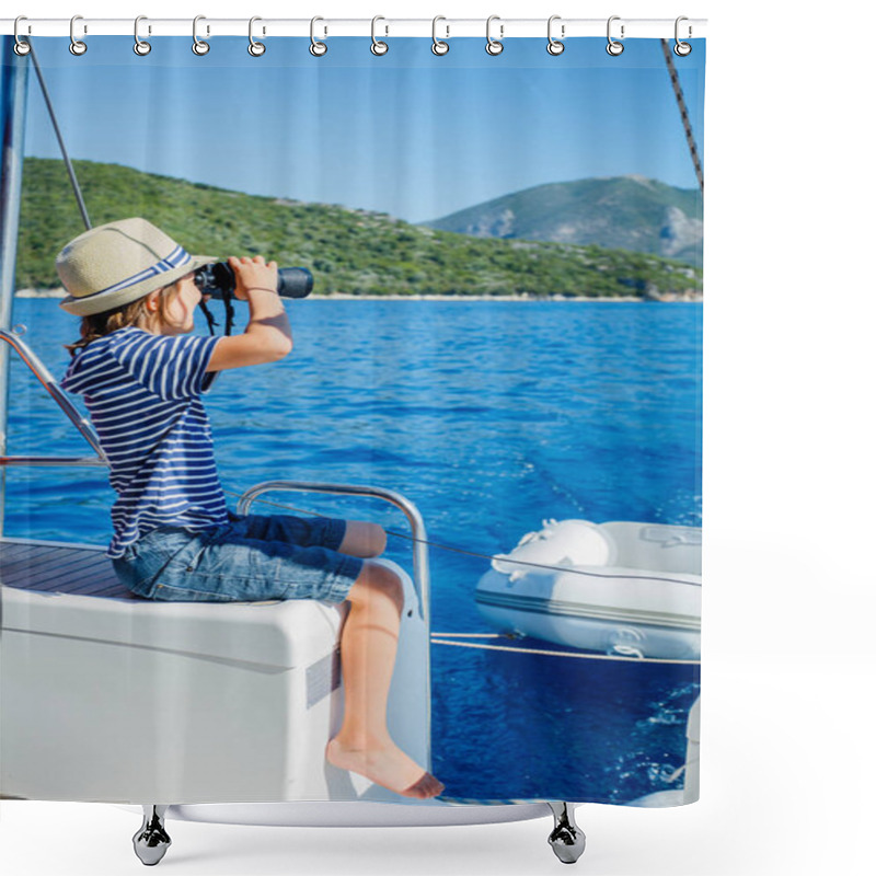 Personality  Little Boy On Board Of Sailing Yacht On Summer Cruise. Travel Adventure, Yachting With Child On Family Vacation. Shower Curtains