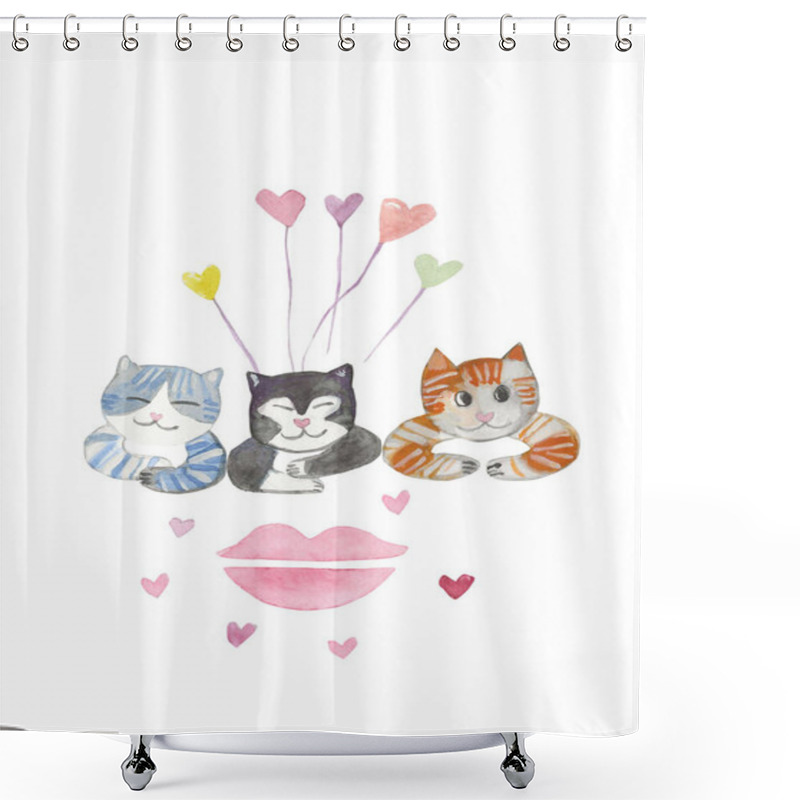 Personality  Three Cute Cats With Ballons, Hearts And Lips Kisses Shower Curtains