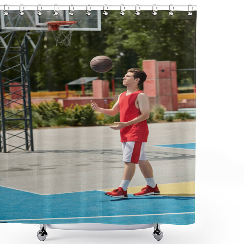 Personality  A Young Man Dribbles A Basketball On A Sunlit Court, Showcasing His Skills And Passion For The Game. Shower Curtains