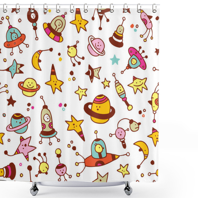 Personality  Aliens, Planets, Stars, Space Cosmos Seamless Pattern Shower Curtains