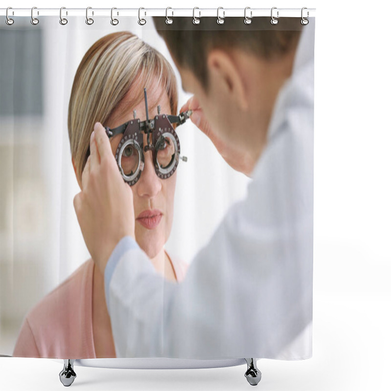 Personality  Ophthalmologist Examining Eyes Of Woman  Shower Curtains