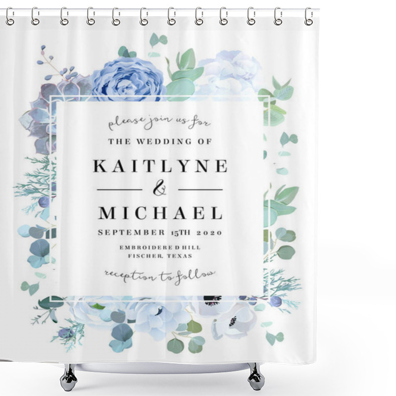 Personality  Dusty Blue Rose, Echeveria Succulent, White Hydrangea, Ranunculu Shower Curtains