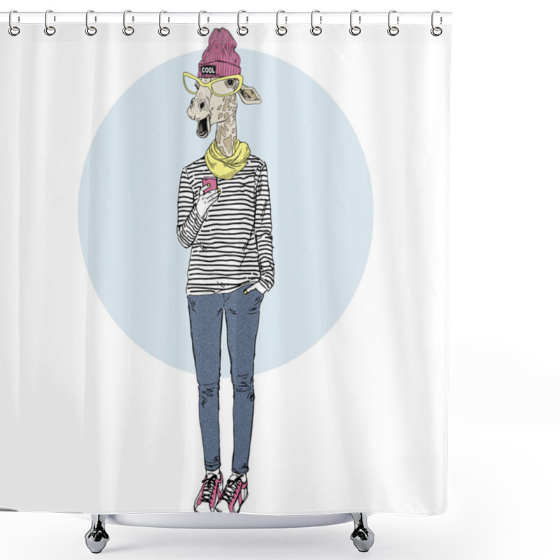 Personality  Giraffe Teen Girl With Mobile Phone Shower Curtains