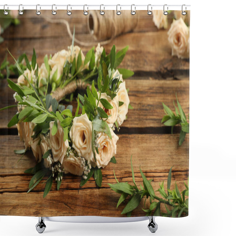 Personality  Composition With Wreath Made Of Beautiful Flowers On Wooden Table Shower Curtains