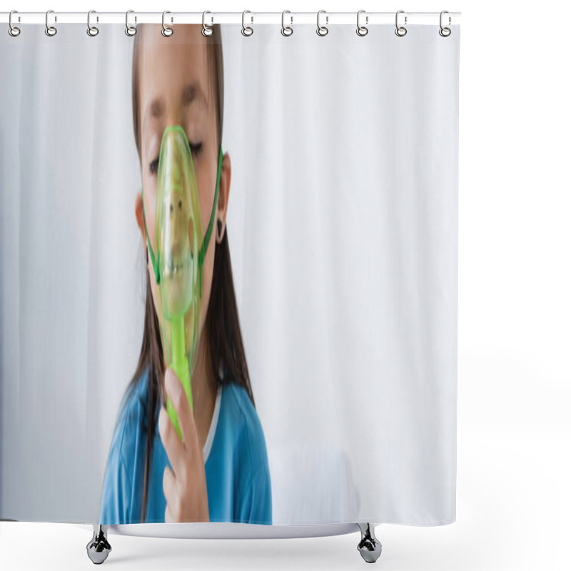 Personality  Child In Patient Gown Using Oxygen Mask In Clinic, Banner  Shower Curtains