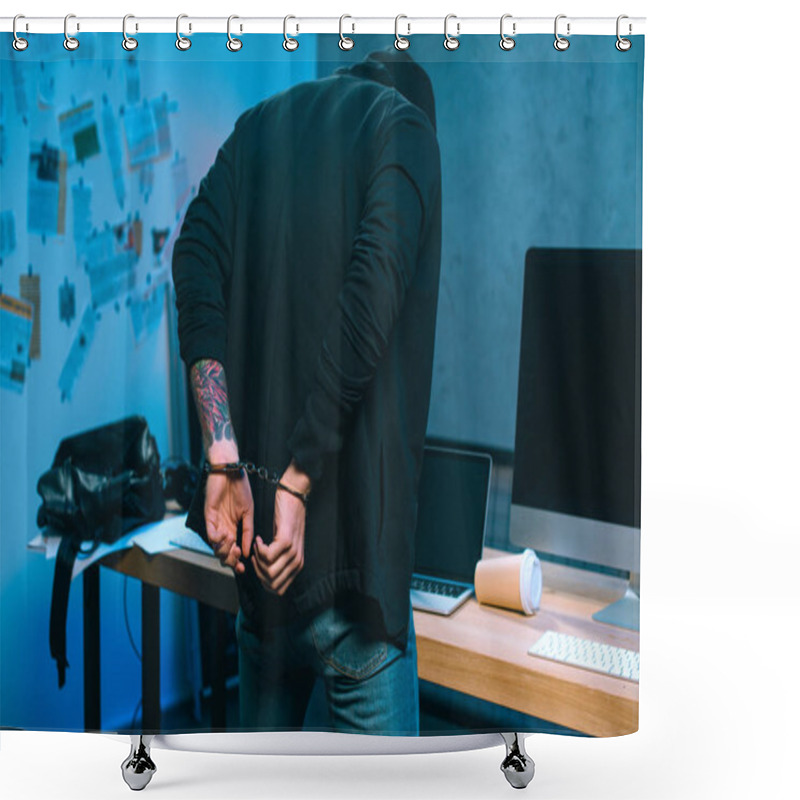 Personality  Rear View Of Handcuffed Hacker In Front Of His Work Desk Shower Curtains