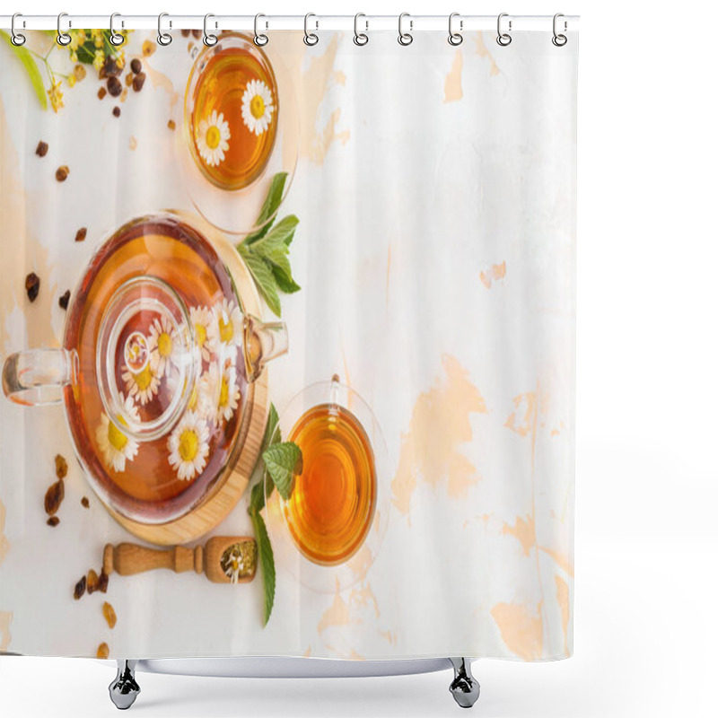 Personality  Teapot And Cups Of Tasty Chamomile Drink On Light Background Shower Curtains