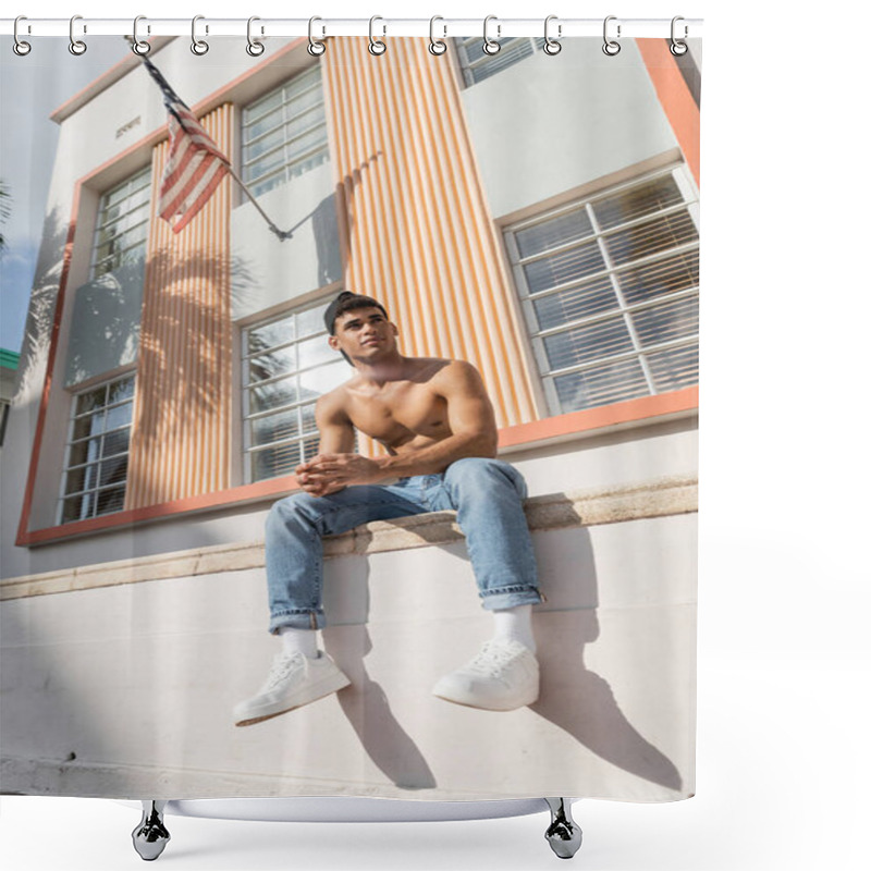 Personality  Low Angle Of Cuban Man With Muscular Body Posing In Baseball Cap And Jeans In Miami, South Beach Shower Curtains