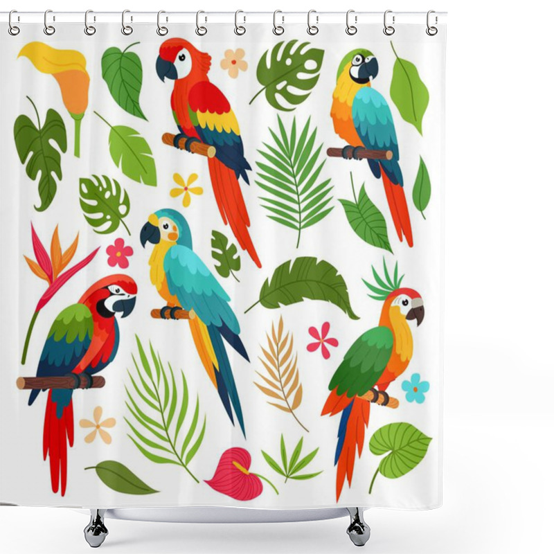 Personality  Set Of Tropical Plants And Parrots. Tropical Bird. Jungle Plants. Tropical Flowers. Flat Style Design. Shower Curtains