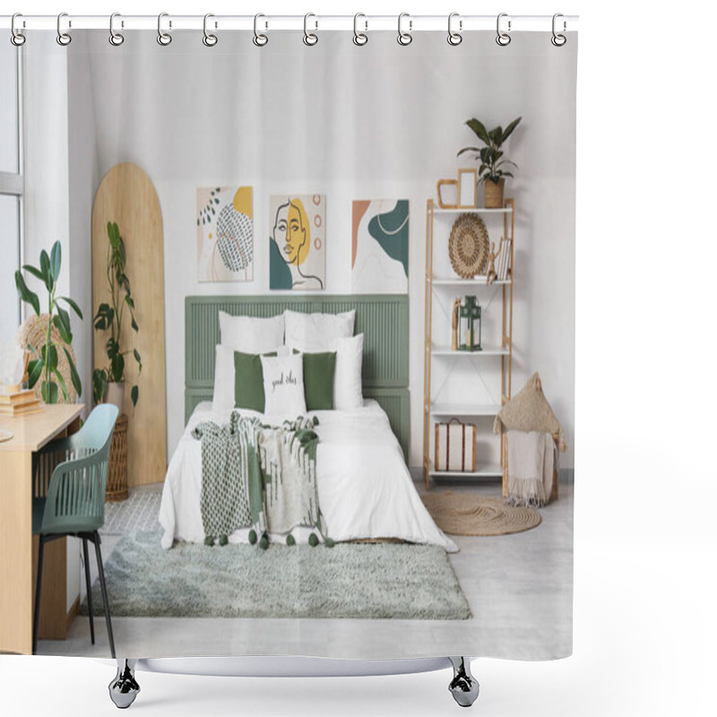 Personality  Interior Of Light Bedroom With Paintings, Shelf Unit And Plants Shower Curtains