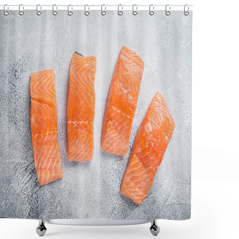 Personality  Raw Salmon Fillet Steak On Kitchen Table. White Background. Top View Shower Curtains