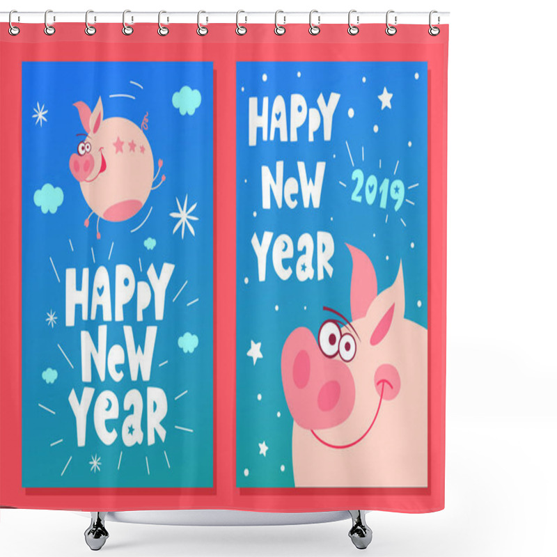 Personality  Cute Piggy Flying, Funny, Smile, Nose, Heart, Piglet, Pink. Asian Symbol Mascot Year Of Pig Vector Design Chinese New Year 2019. Hand Drawn Vector Illustration. Shower Curtains