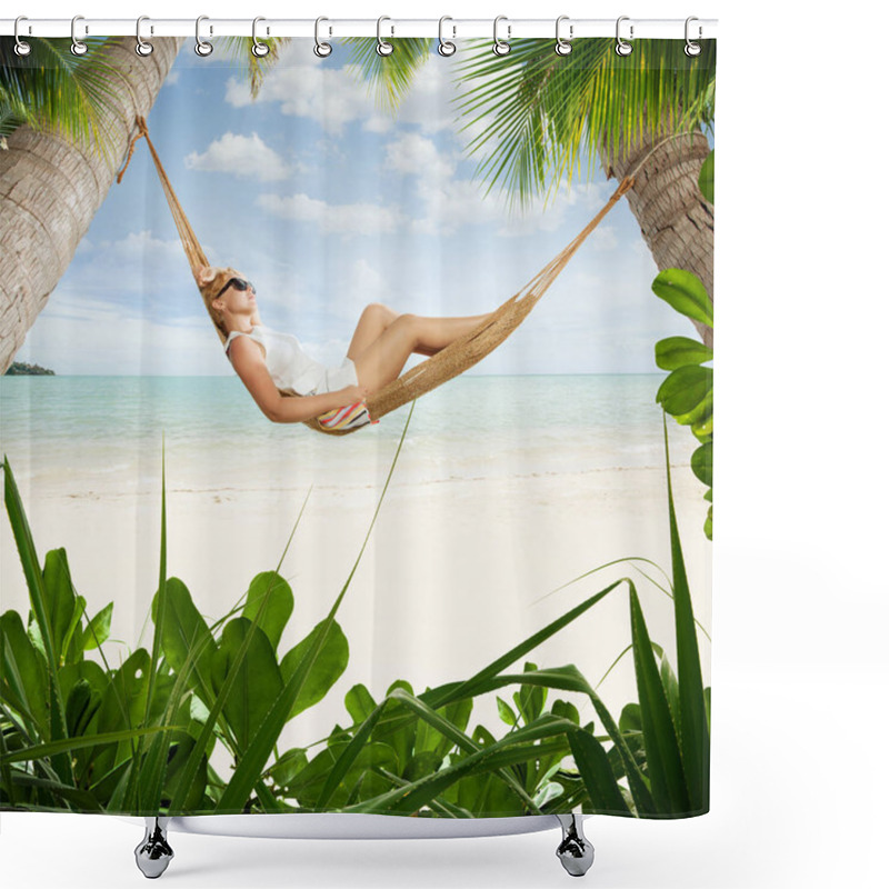 Personality  View Of Nice Young Lady Swinging  In Hummock On Tropical Beach Shower Curtains