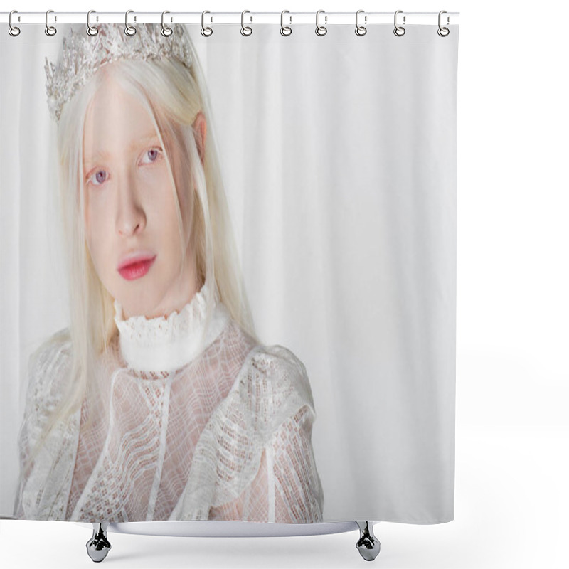 Personality  Portrait Of Young Albino Woman In Crown And Blouse Looking At Camera Isolated On White Shower Curtains