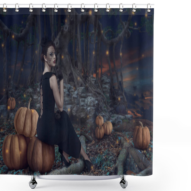 Personality  Design Of Halloween Woman Sitting In Dark Mystic Forest At Night Time Shower Curtains