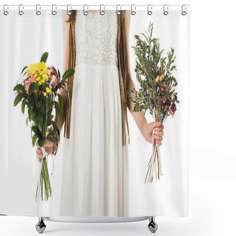 Personality  Cropped View Of Pregnant Hippie Woman In Wreath Holding Flowers Isolated On White Shower Curtains