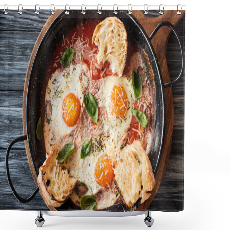 Personality  Close-up View Of Gourmet Fried Eggs With Cheese, Bread And Sauce In Pan On Wooden Cutting Board   Shower Curtains