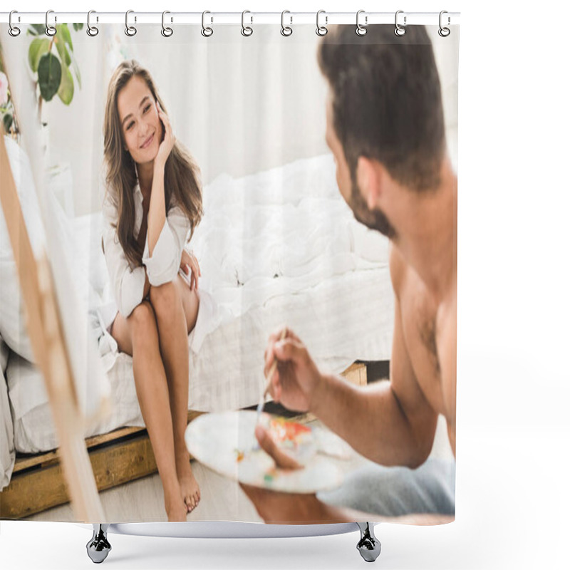 Personality  Selective Focus Of Young Girl Looking At Man While Sitting In Bed Shower Curtains